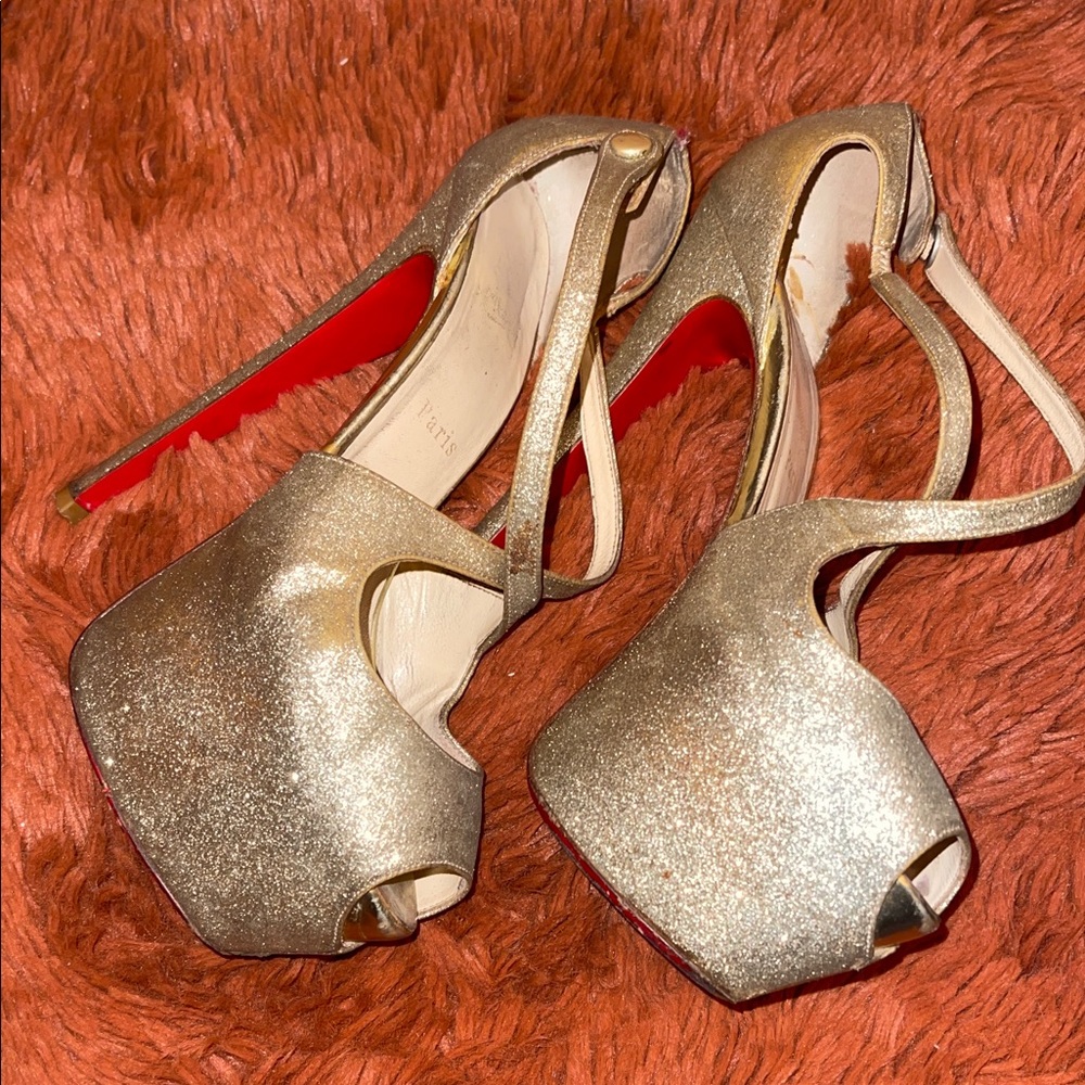 Christian Louboutin Gold Glitter Peep-Toe Platform Sandals with Red Sole